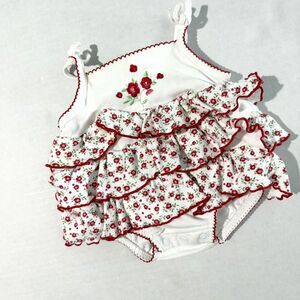 Baby Red & White, Floral, Ruffle Onesie, 0-3, Summer Infant Romper